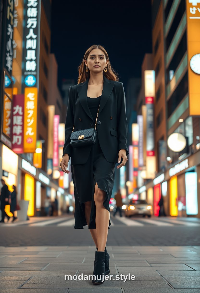 Mujer con vestido midi negro y blazer en las calles iluminadas de Ginza en Tokio de noche