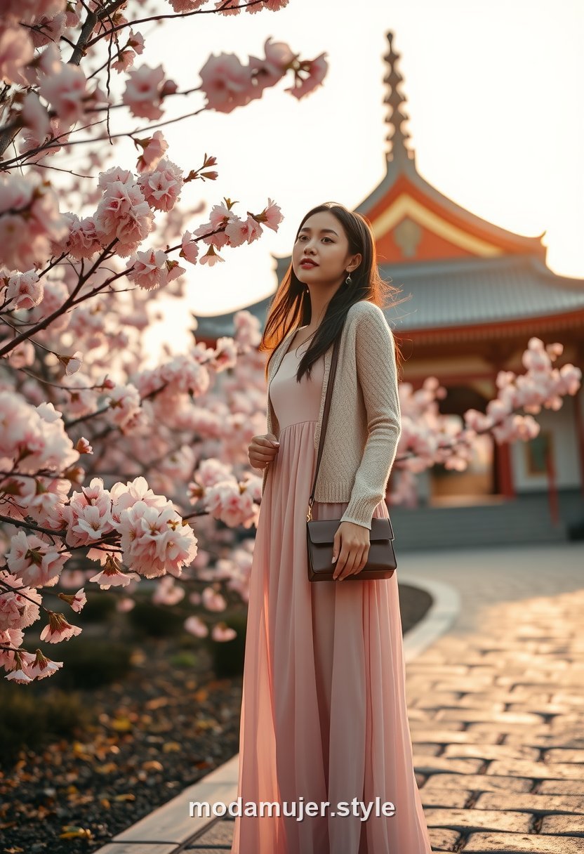 Mujer con vestido largo de gasa rosa empolvado entre cerezos en flor en un templo al atardecer