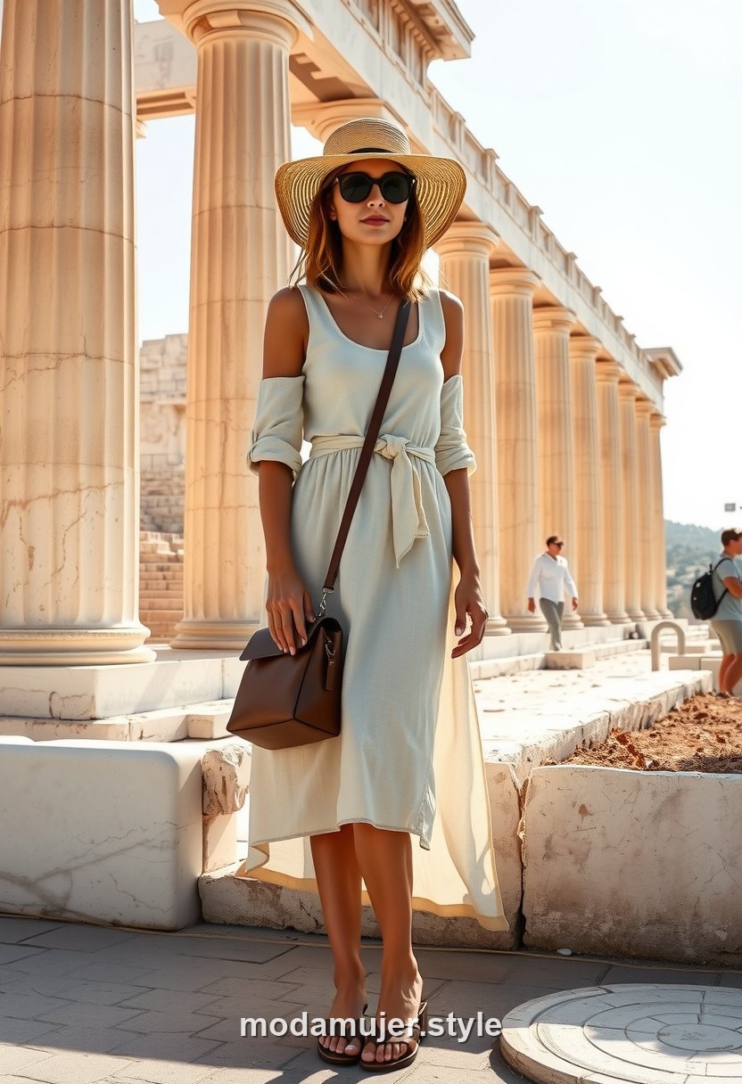 Mujer con vestido camisero de lino crudo frente a la Acropolis de Atenas