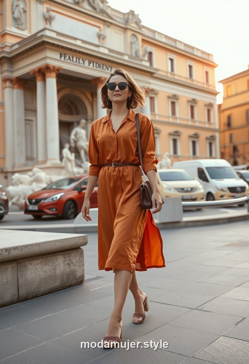 Mujer con vestido camisero terracota paseando junto a la Fontana di Trevi en Roma
