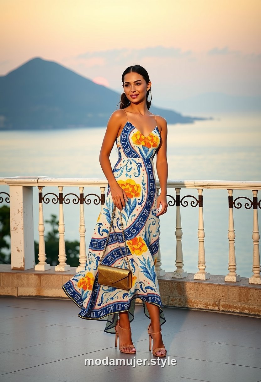 Mujer con vestido largo estampado azul y amarillo en una terraza de Taormina al anochecer
