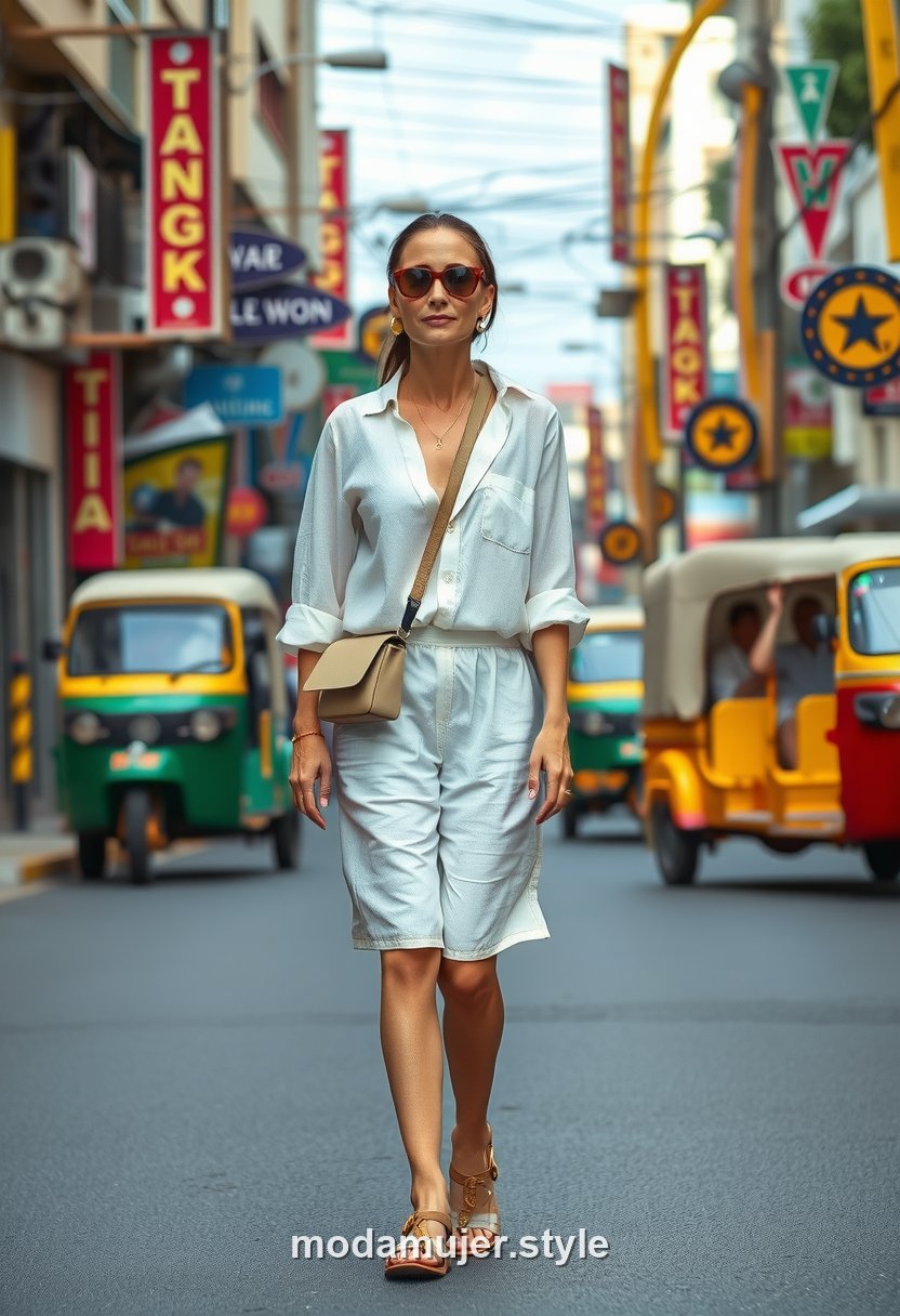 Mujer con conjunto de lino blanco y camisa ligera en una calle animada de Bangkok
