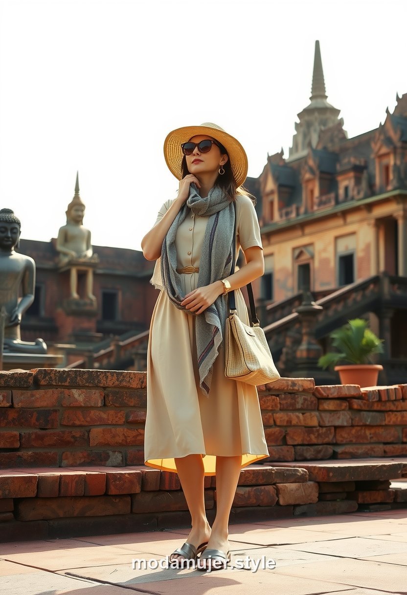 Mujer con vestido midi beige que cubre hombros en las ruinas de los templos de Ayutthaya