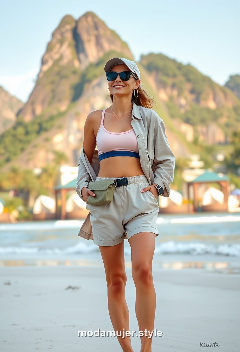 Mujer con short de lino y camisa abierta en la playa de acantilados de Railay en Krabi