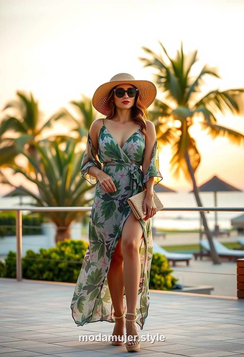 Mujer con vestido largo de estampado tropical en un resort de playa de Koh Samui al atardecer
