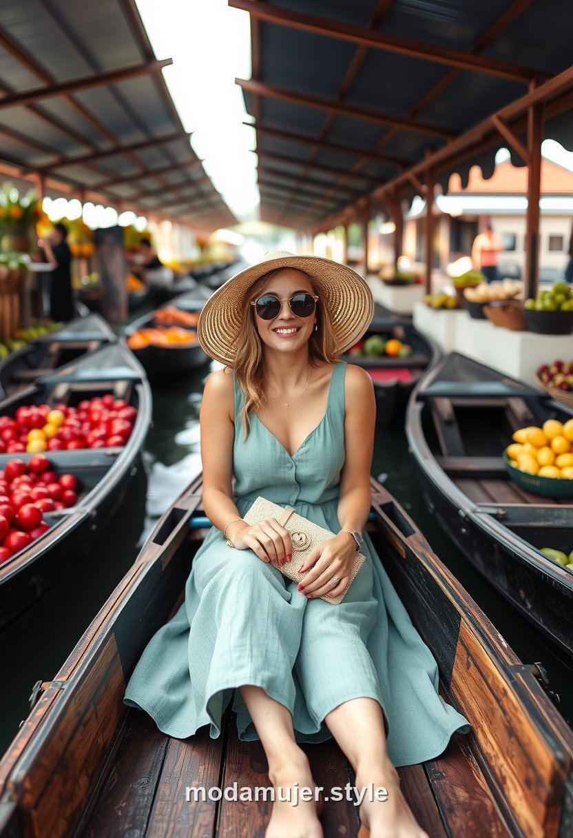 Mujer con vestido de lino verde agua en una barca del mercado flotante de Damnoen Saduak