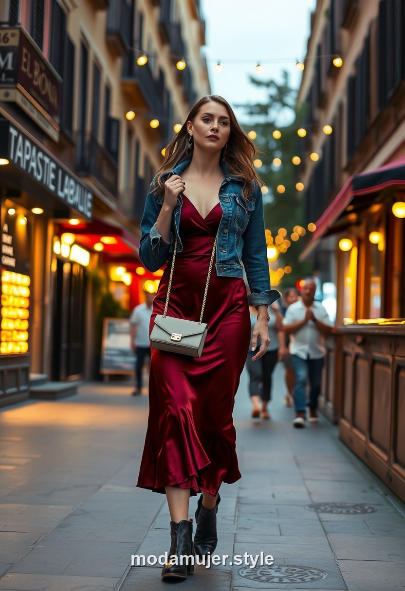 Mujer con vestido midi satinado burdeos en una calle animada de El Born en Barcelona de noche