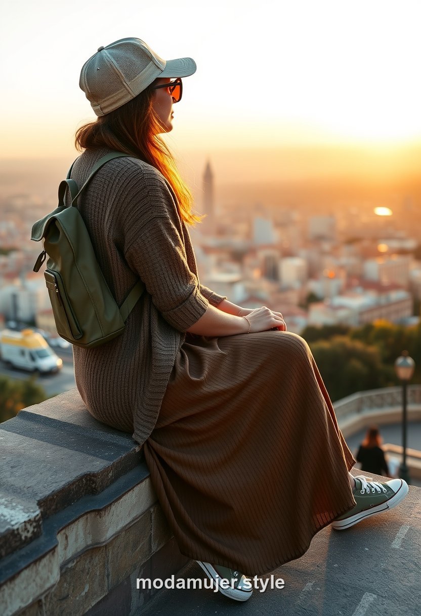Mujer con vestido largo de punto color tierra y mochila viendo el atardecer en los Bunkers del Carmel de Barcelona