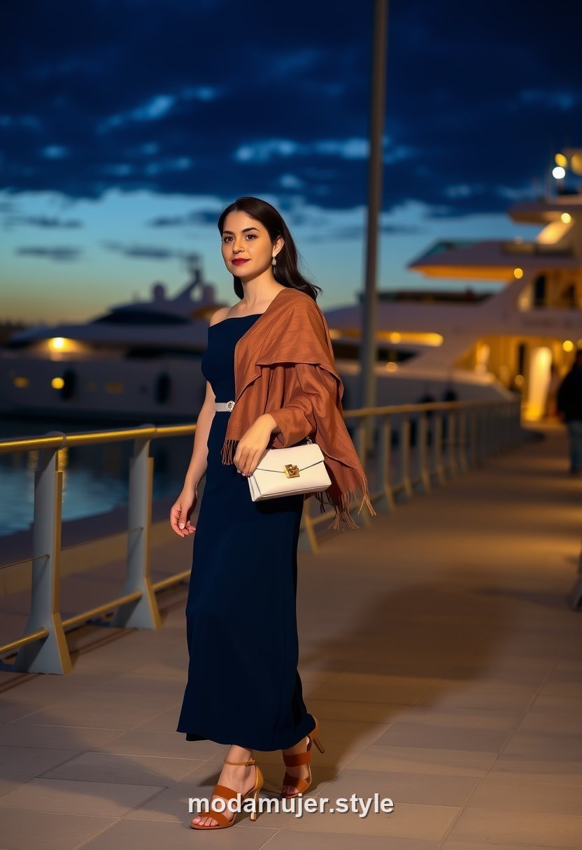 Mujer con vestido midi azul noche y clutch en el paseo del Puerto Olimpico de Barcelona al anochecer