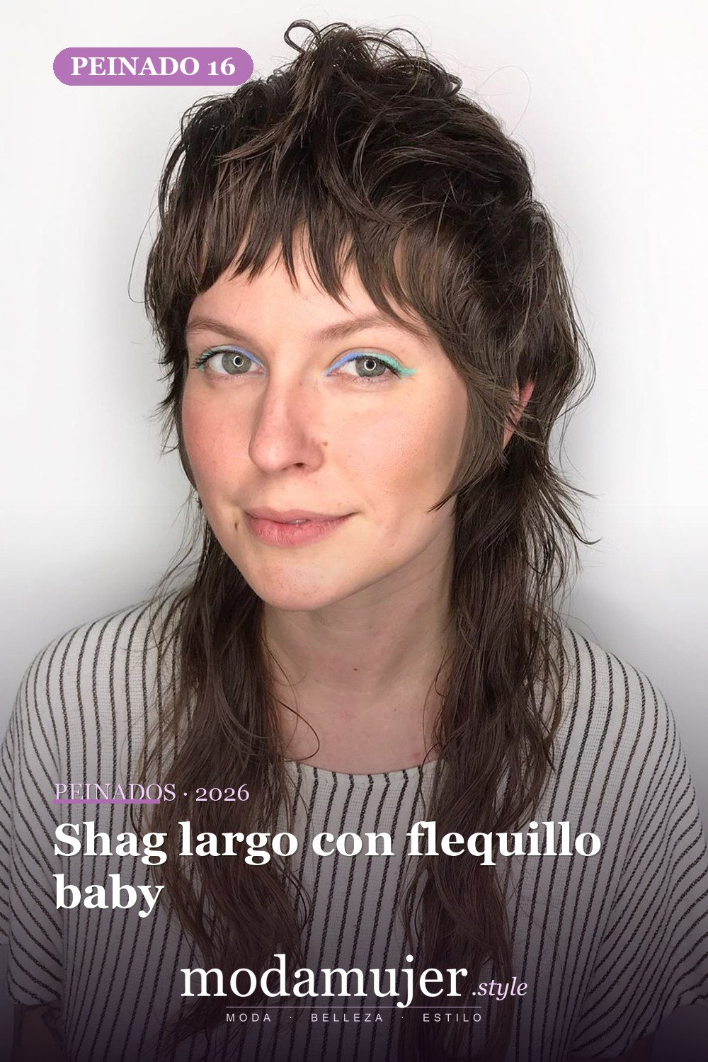 Shag largo con flequillo baby — Los 49 mejores cortes de pelo en capas y peinados para 2026