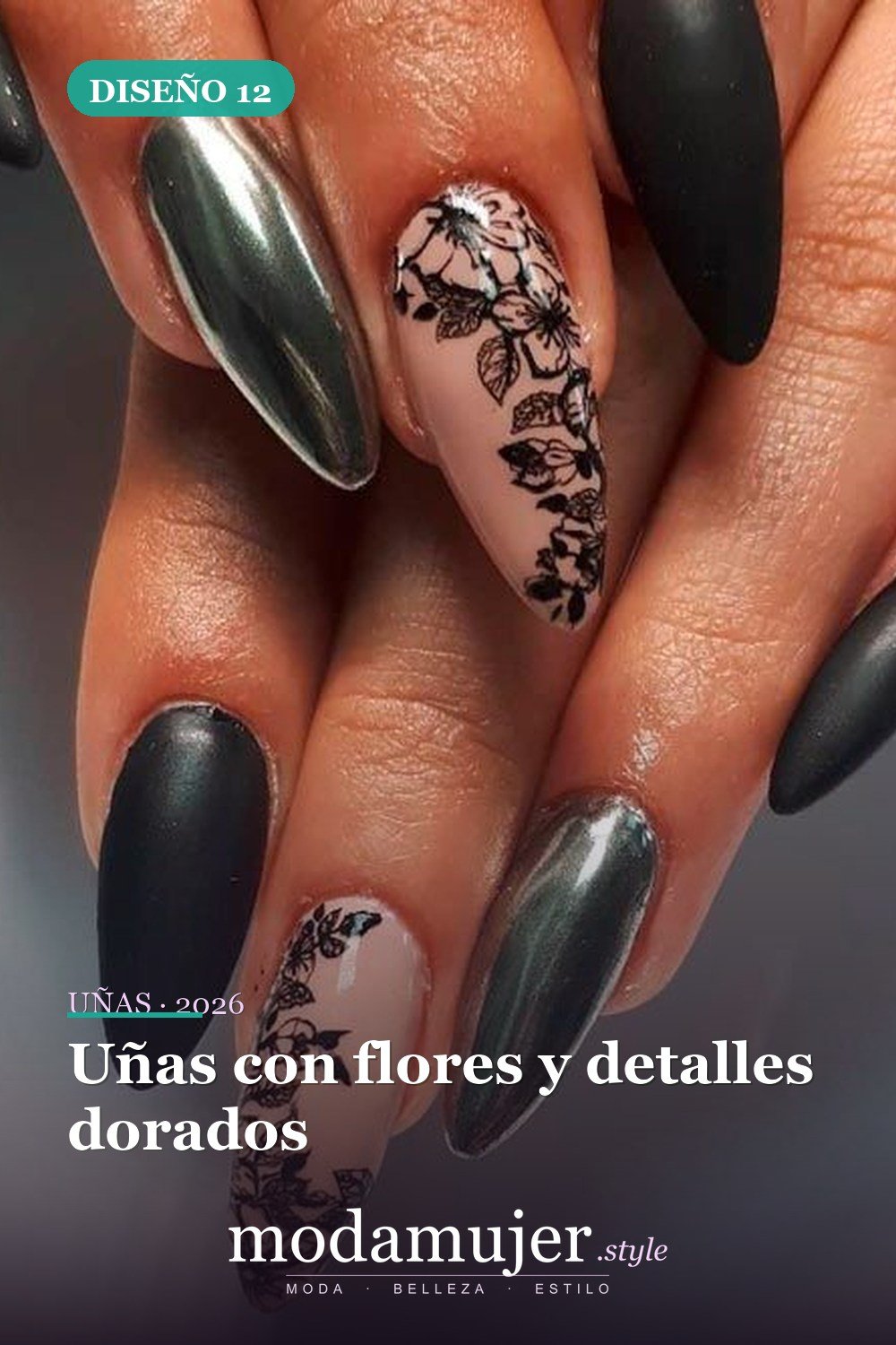 Uñas con flores y detalles dorados — Más de 25 uñas coquetas y lindas para el verano