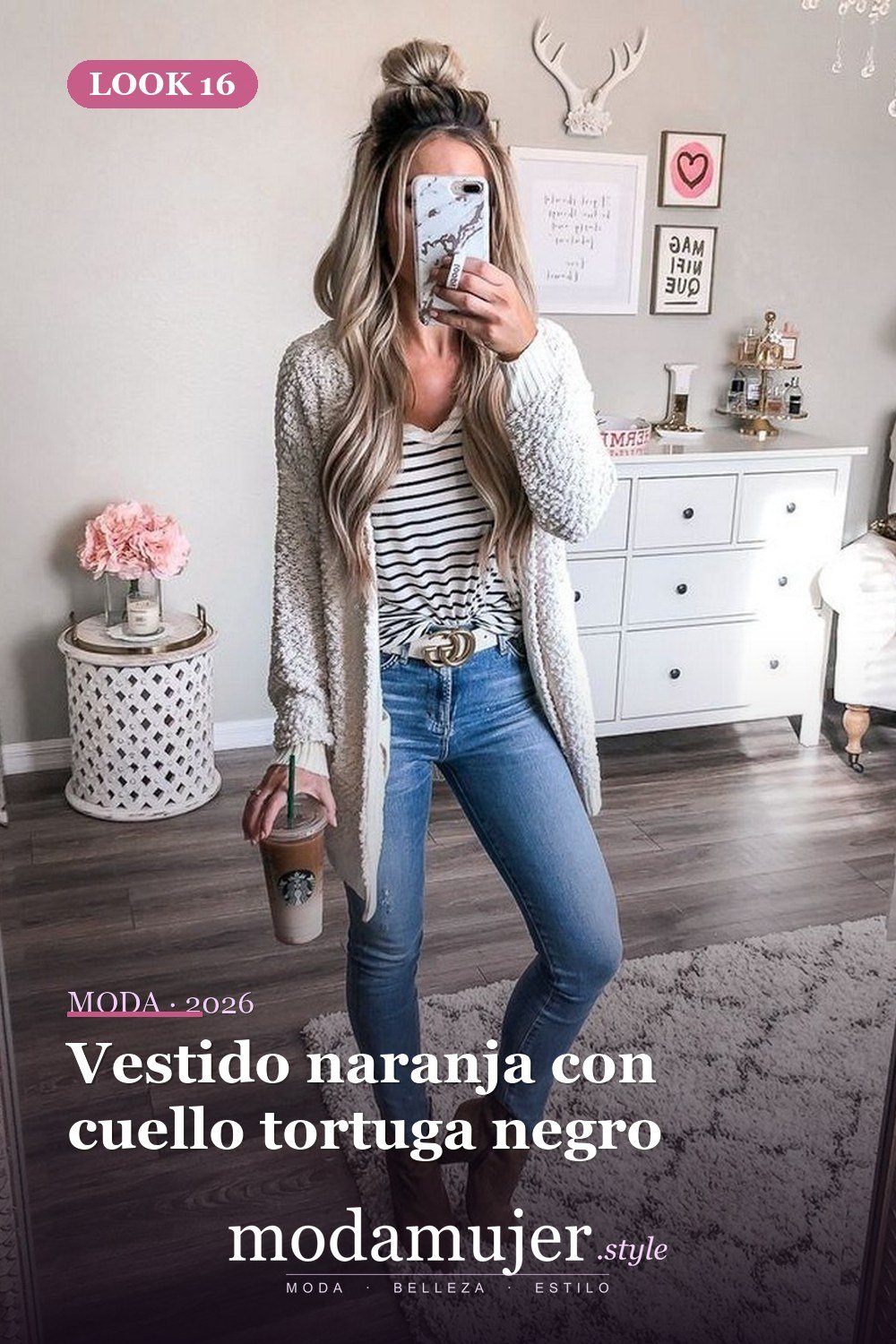 Vestido naranja con cuello tortuga negro — Más de 29 ideas de outfits básicos de invierno que toda mujer debe conocer