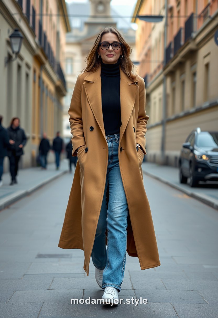 Look casual de invierno con abrigo camel, jersey de cuello alto y vaqueros