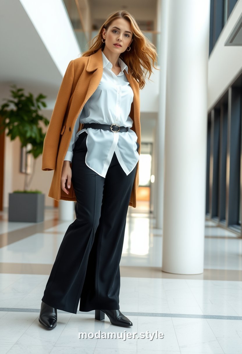 Look de oficina de invierno con camisa blanca, pantalón ancho y botas altas