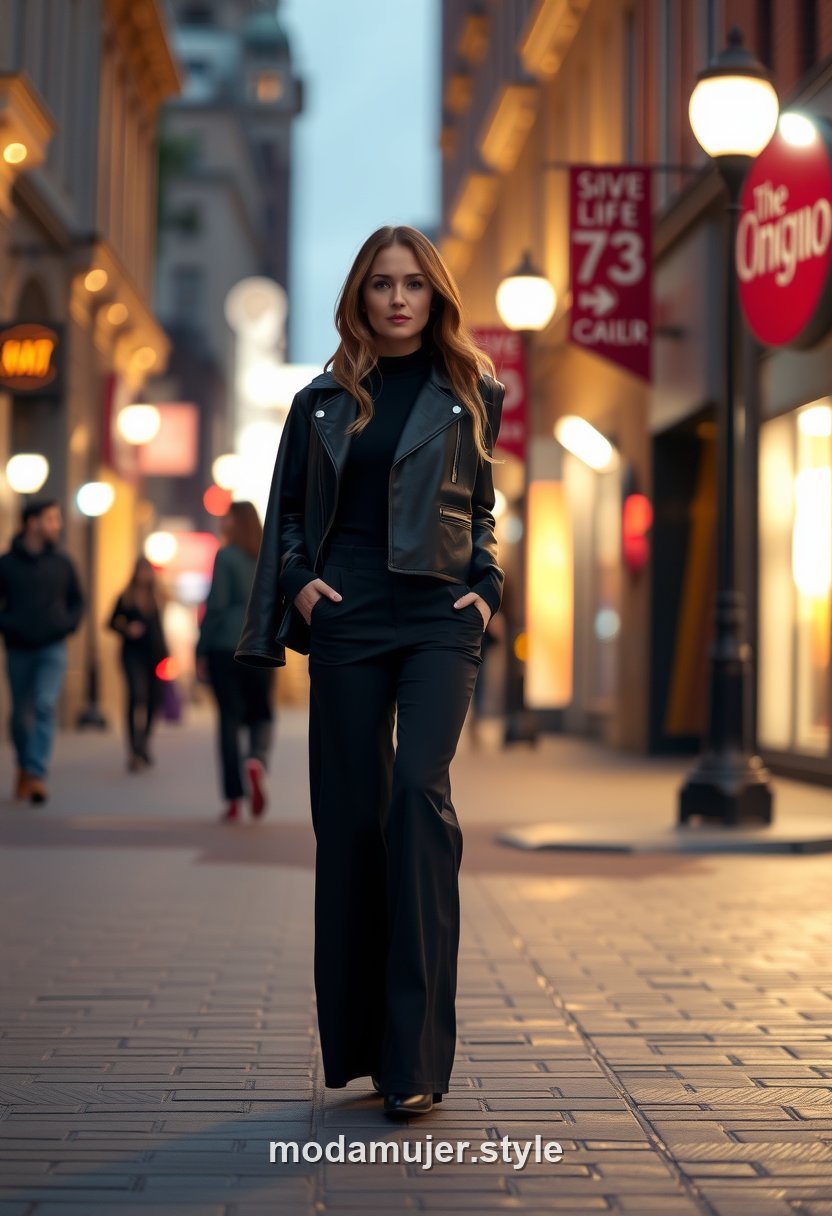 Look de fiesta de invierno con top negro, pantalón ancho y chaqueta de cuero