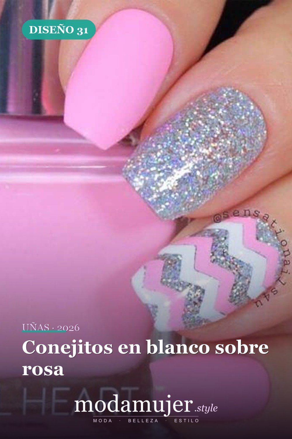 Conejitos en blanco sobre rosa — Más de 42 ideas modernas de diseño de uñas de Pascua
