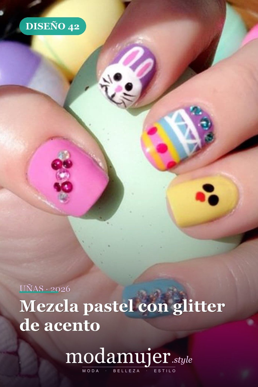 Mezcla pastel con glitter de acento — Más de 42 ideas modernas de diseño de uñas de Pascua