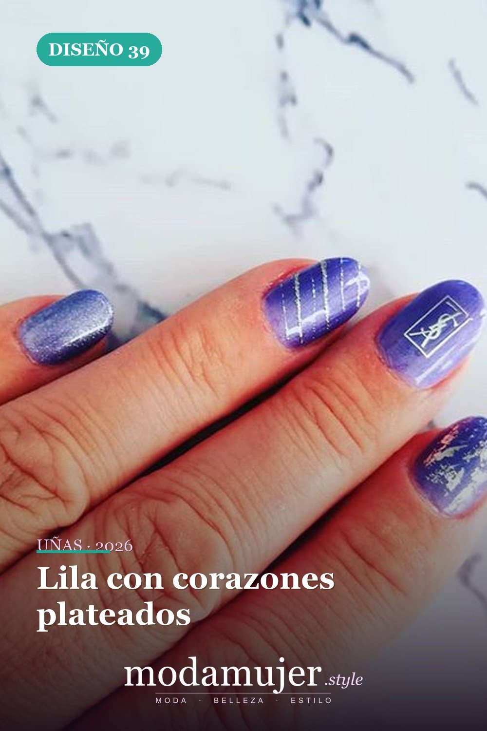 Lila con corazones plateados — Más de 60 encantadores y hermosos diseños de uñas morados