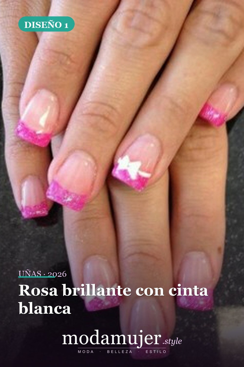 Rosa brillante con cinta blanca — Más de 90 ideas glamorosas de uñas de punta francesa: ¡todo sobre el rosa!