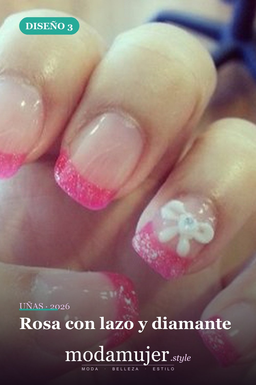 Rosa con lazo y diamante — Más de 90 ideas glamorosas de uñas de punta francesa: ¡todo sobre el rosa!