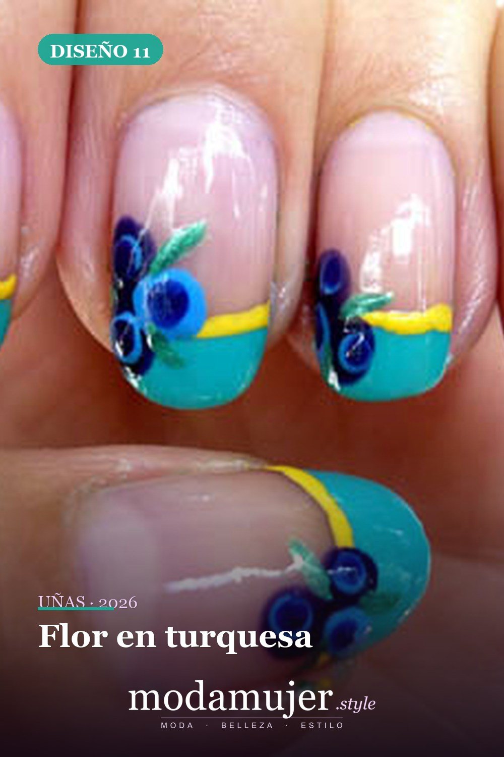 Flor en turquesa — Más de 90 ideas glamorosas de uñas de punta francesa: ¡todo sobre el rosa!