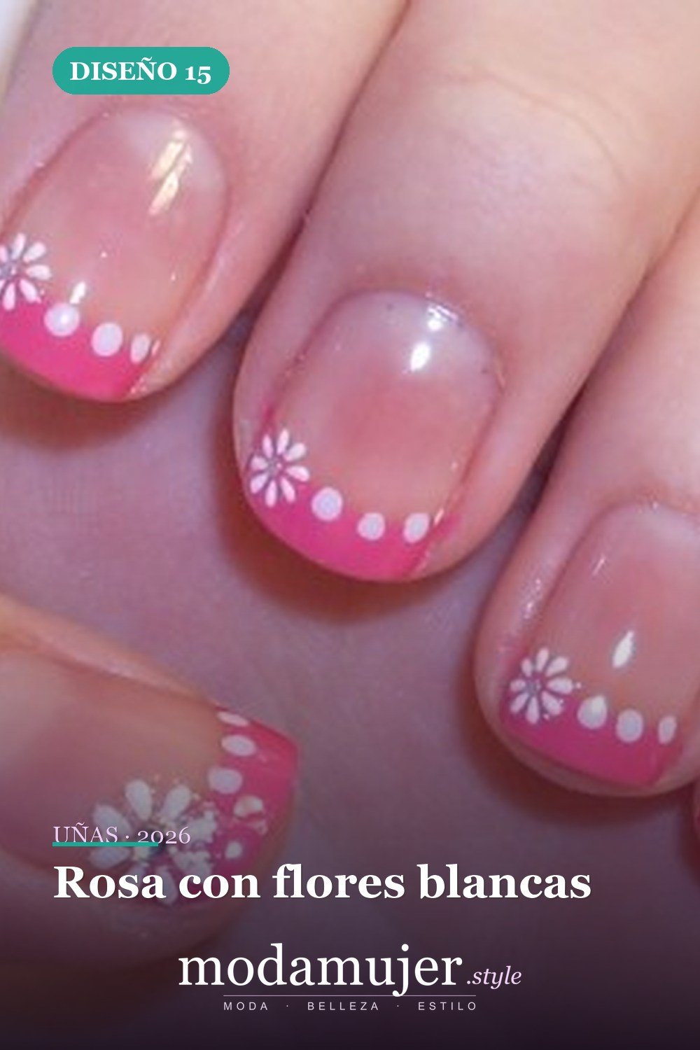 Rosa con flores blancas — Más de 90 ideas glamorosas de uñas de punta francesa: ¡todo sobre el rosa!