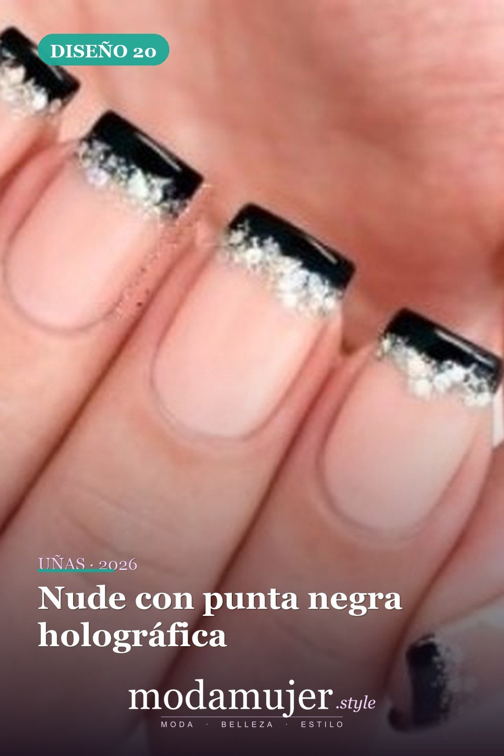 Nude con punta negra holográfica — Más de 90 ideas glamorosas de uñas de punta francesa: ¡todo sobre el rosa!