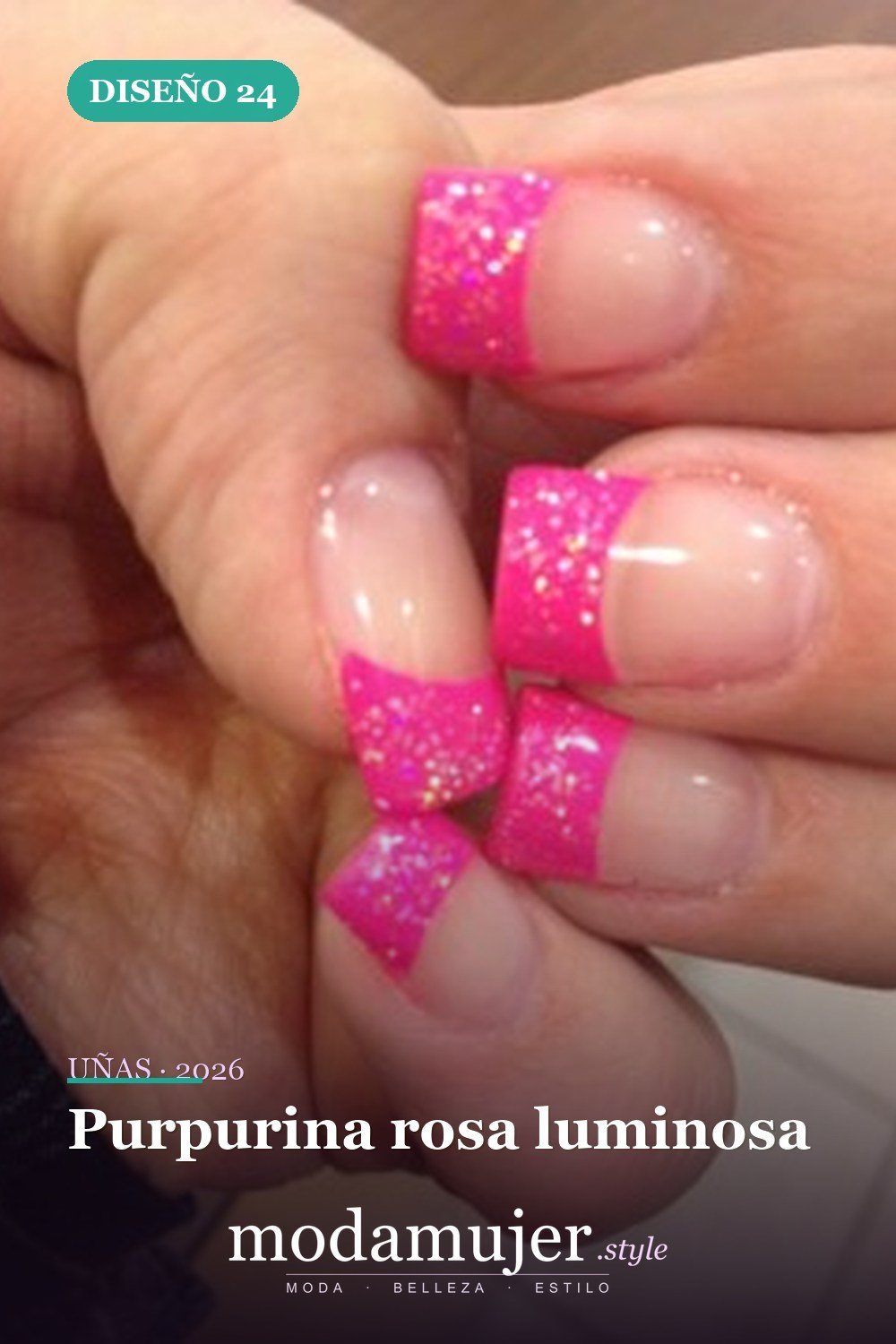 Purpurina rosa luminosa — Más de 90 ideas glamorosas de uñas de punta francesa: ¡todo sobre el rosa!