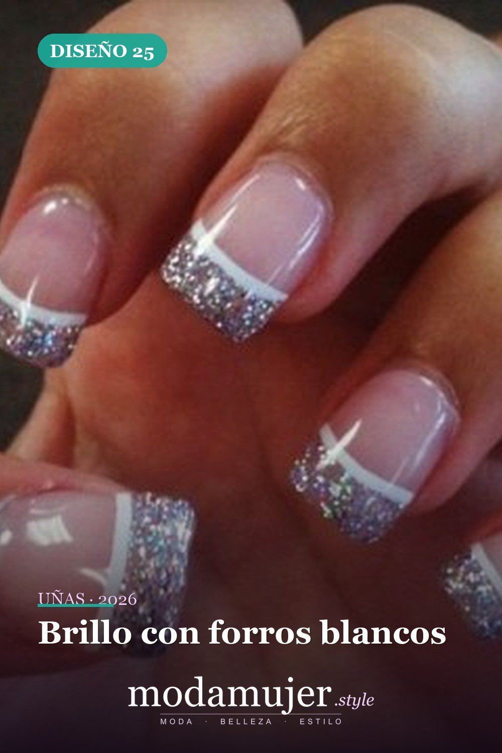 Brillo con forros blancos — Más de 90 ideas glamorosas de uñas de punta francesa: ¡todo sobre el rosa!