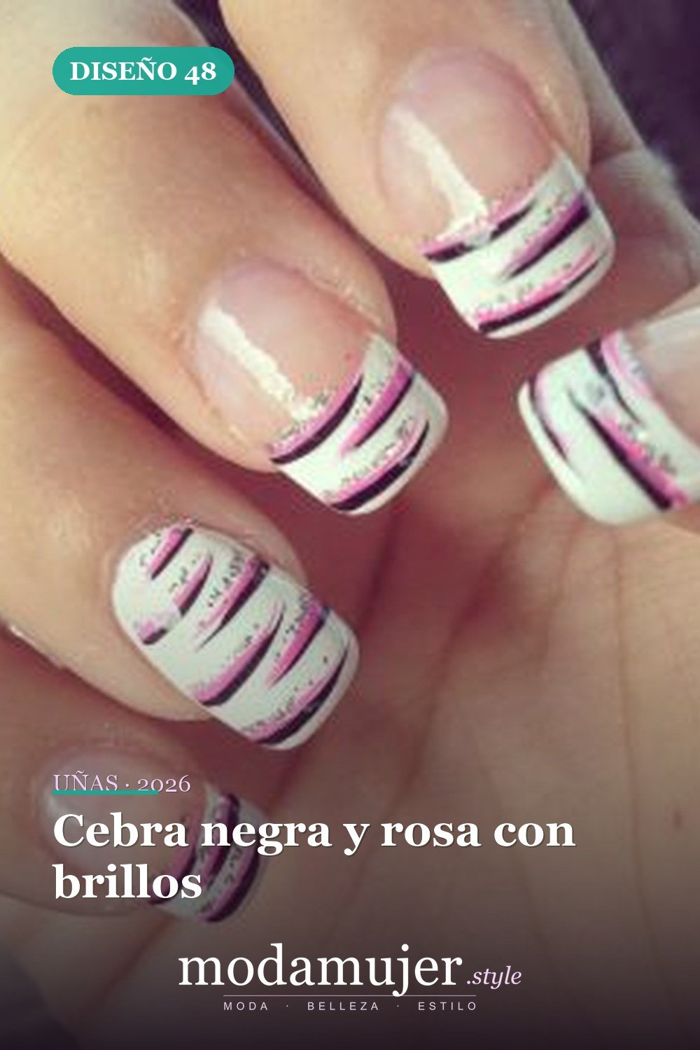 Cebra negra y rosa con brillos — Más de 90 ideas glamorosas de uñas de punta francesa: ¡todo sobre el rosa!