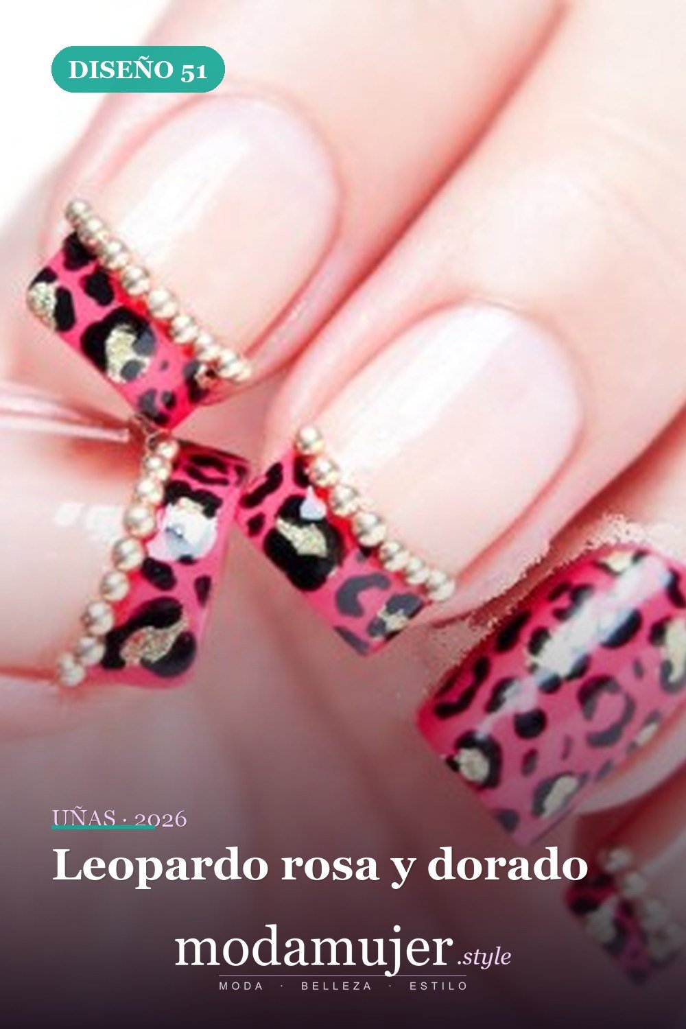 Leopardo rosa y dorado — Más de 90 ideas glamorosas de uñas de punta francesa: ¡todo sobre el rosa!