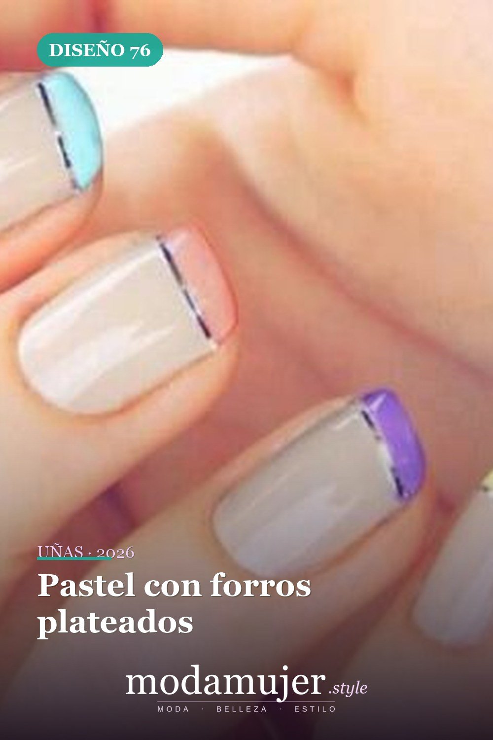 Pastel con forros plateados — Más de 90 ideas glamorosas de uñas de punta francesa: ¡todo sobre el rosa!