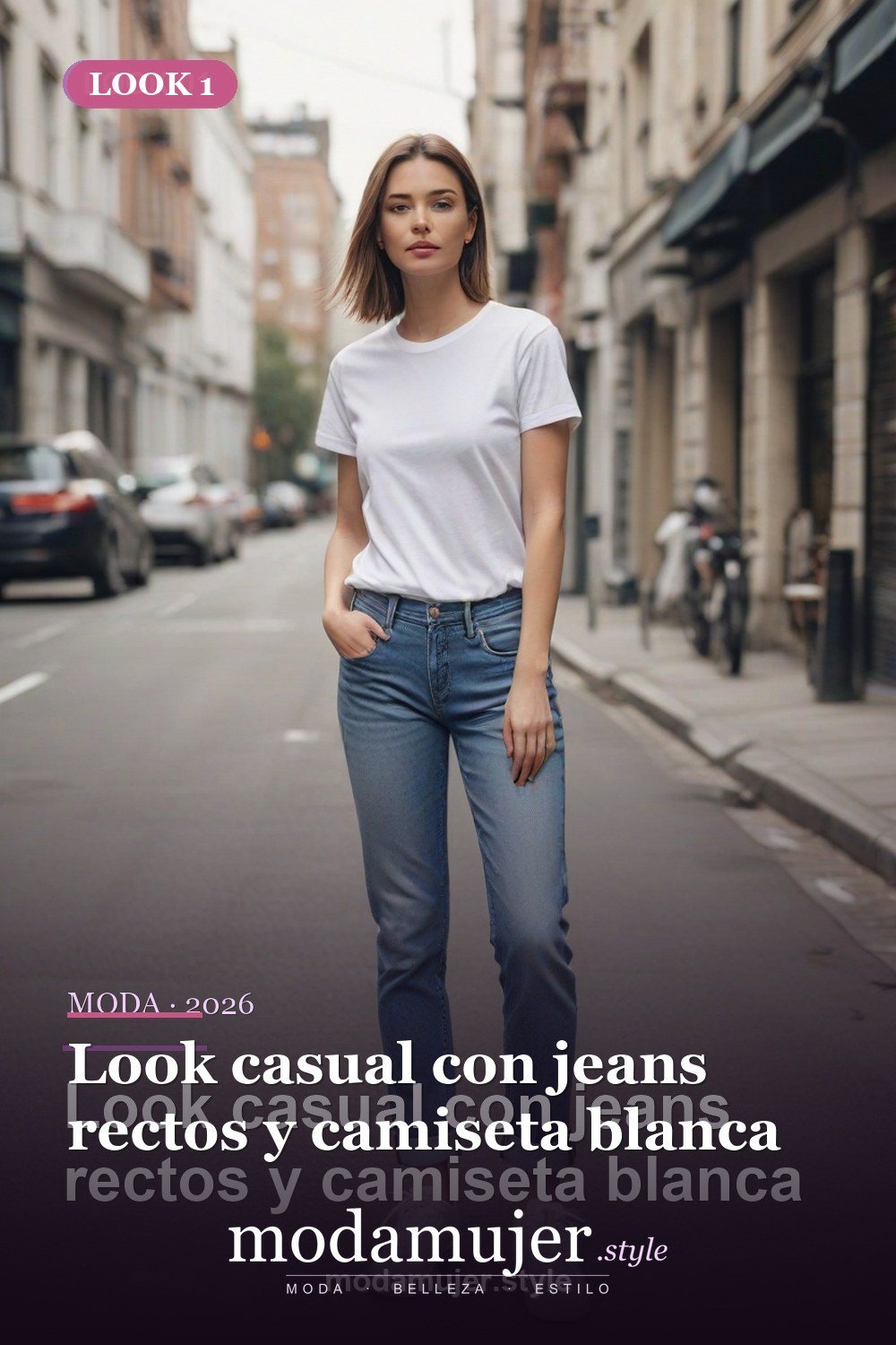 Look casual con jeans rectos y camiseta blanca — 30 outfits de moda para mujer en 2026: ideas para cada ocasión