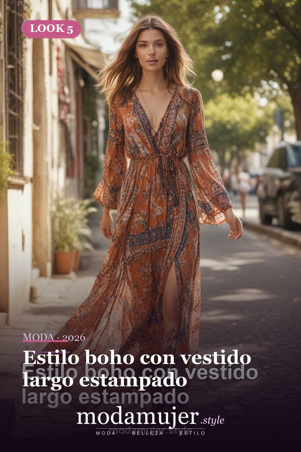 Estilo boho con vestido largo estampado — 30 outfits de moda para mujer en 2026: ideas para cada ocasión