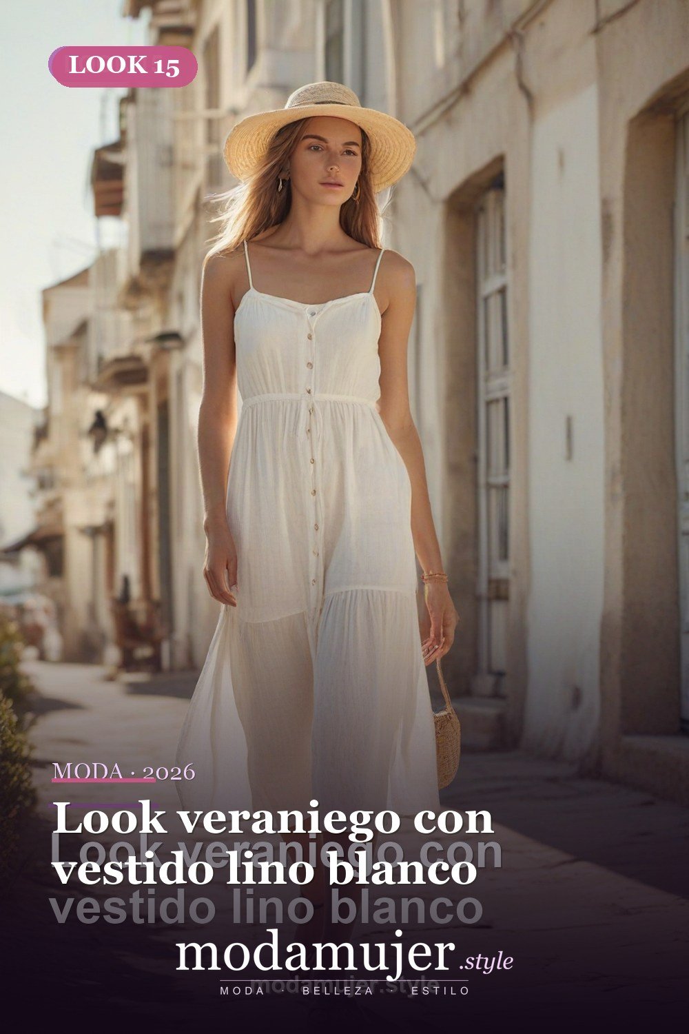 Look veraniego con vestido lino blanco — 30 outfits de moda para mujer en 2026: ideas para cada ocasión