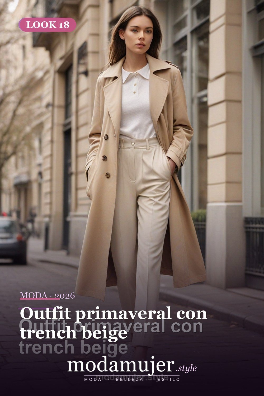 Outfit primaveral con trench beige — 30 outfits de moda para mujer en 2026: ideas para cada ocasión