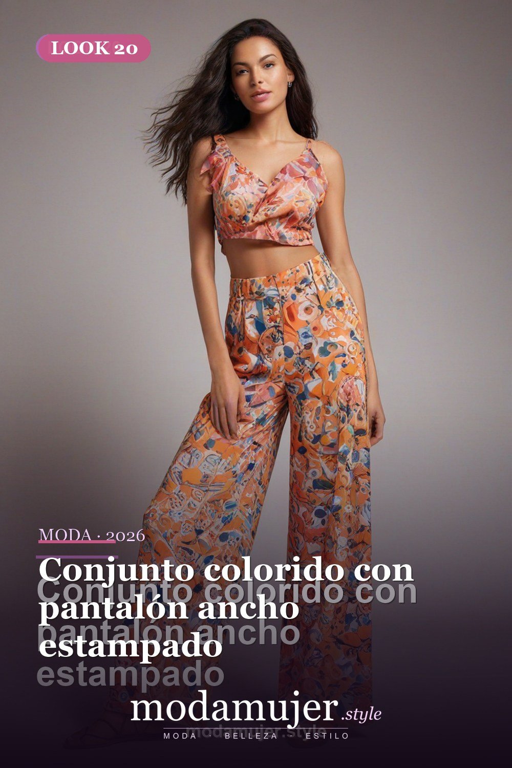 Conjunto colorido con pantalón ancho estampado — 30 outfits de moda para mujer en 2026: ideas para cada ocasión