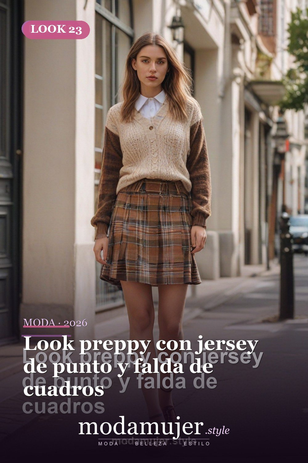 Look preppy con jersey de punto y falda de cuadros — 30 outfits de moda para mujer en 2026: ideas para cada ocasión