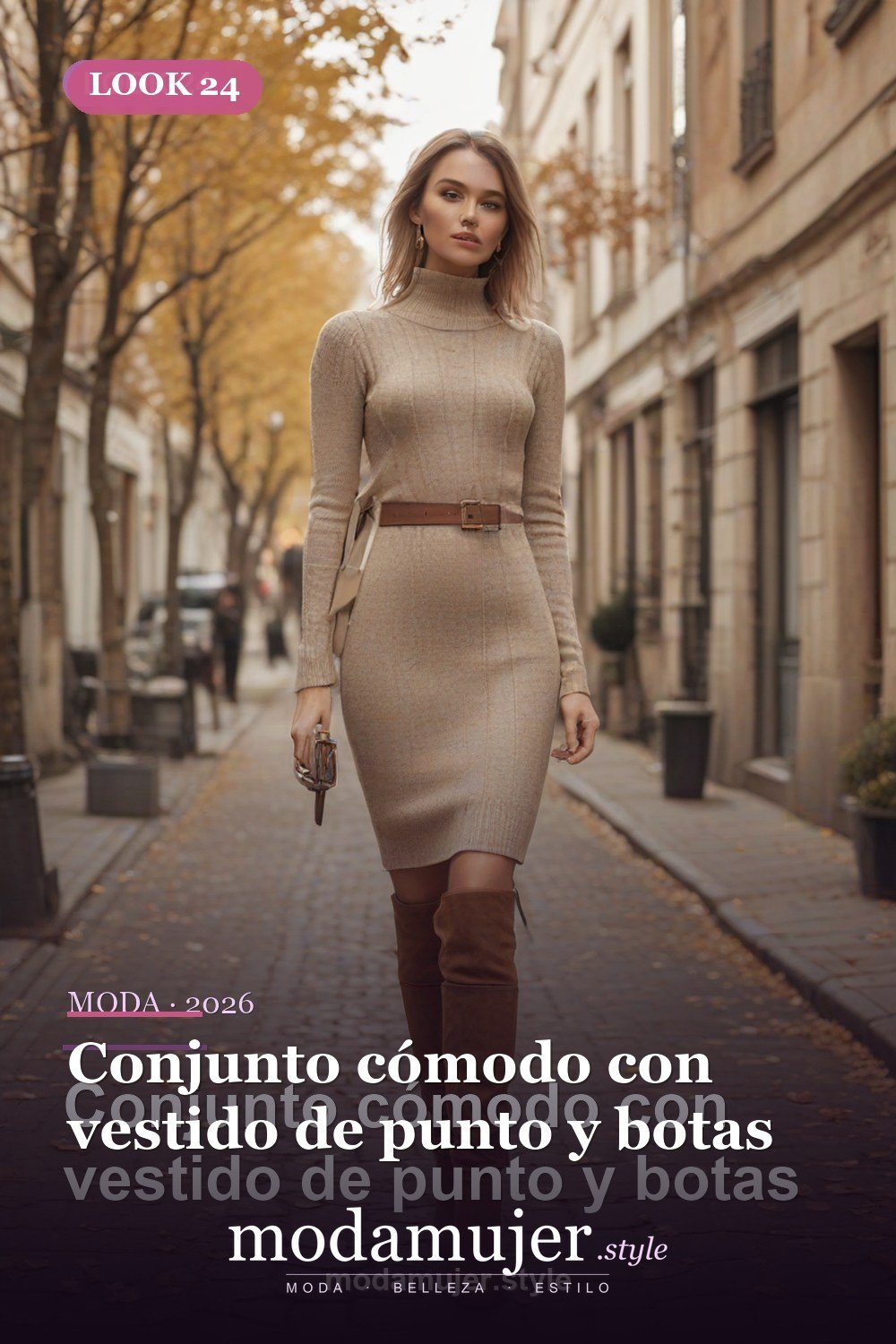 Conjunto cómodo con vestido de punto y botas — 30 outfits de moda para mujer en 2026: ideas para cada ocasión
