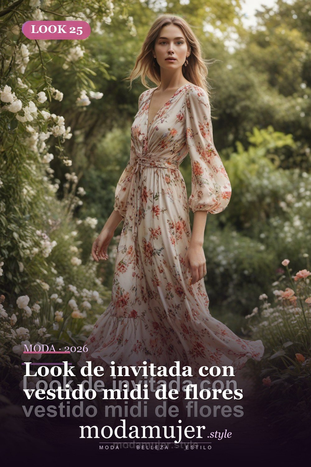 Look de invitada con vestido midi de flores — 30 outfits de moda para mujer en 2026: ideas para cada ocasión