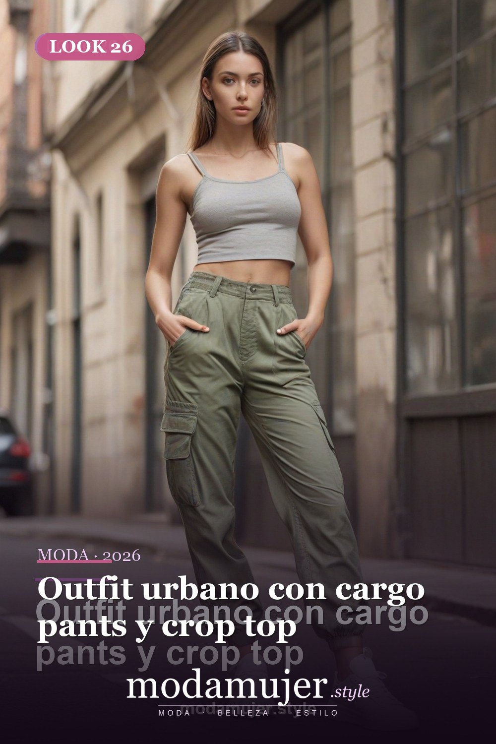 Outfit urbano con cargo pants y crop top — 30 outfits de moda para mujer en 2026: ideas para cada ocasión