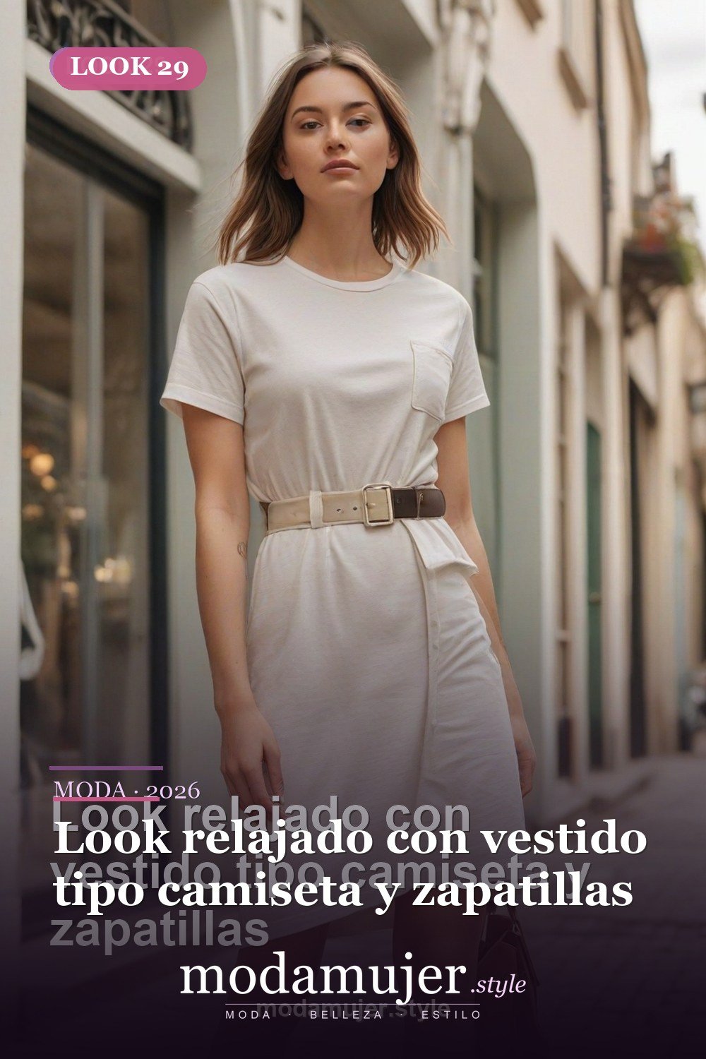 Look relajado con vestido tipo camiseta y zapatillas — 30 outfits de moda para mujer en 2026: ideas para cada ocasión