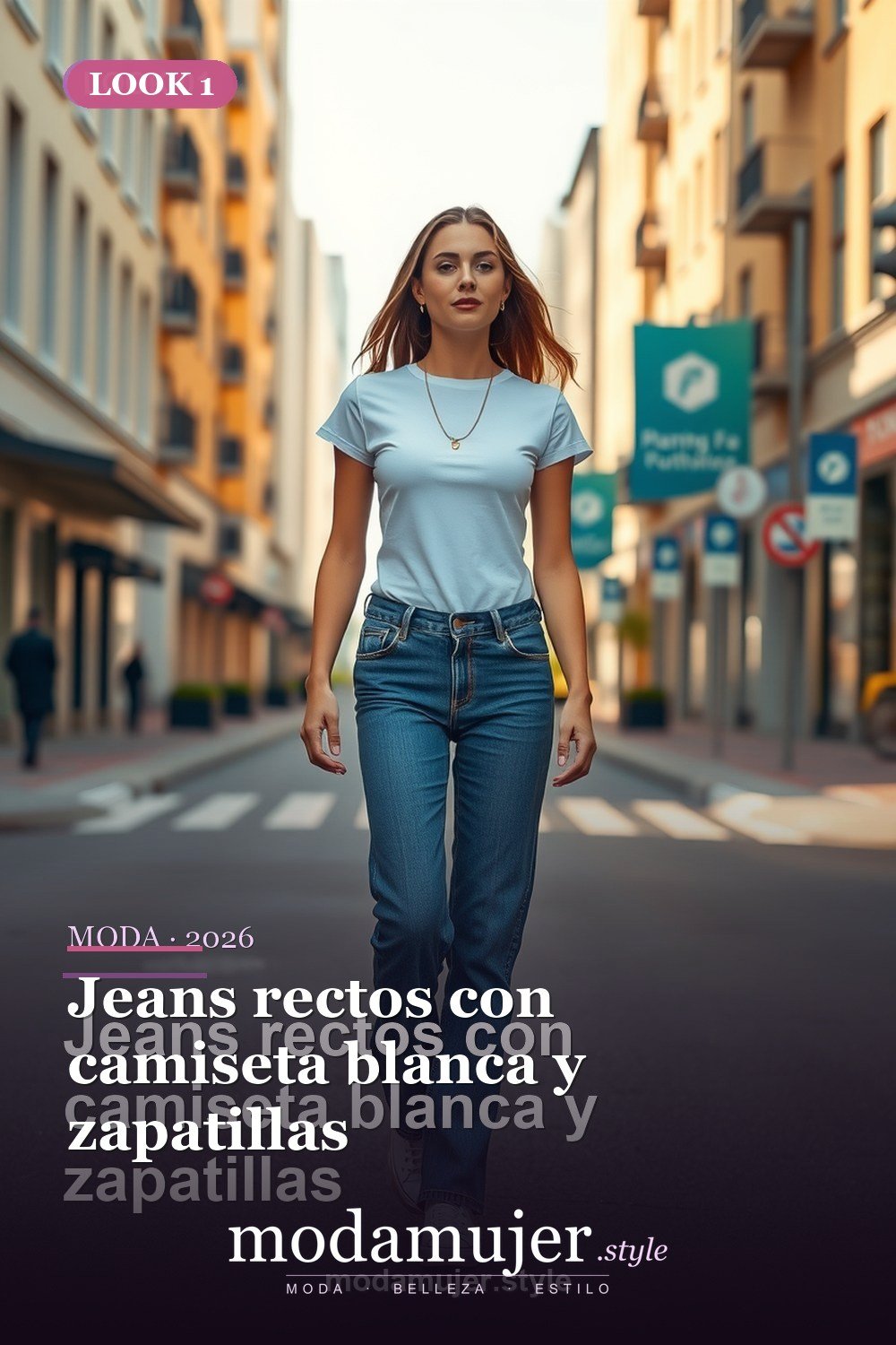 Jeans rectos con camiseta blanca y zapatillas — 30 outfits casuales para mujer en 2026: ideas comodas y con estilo