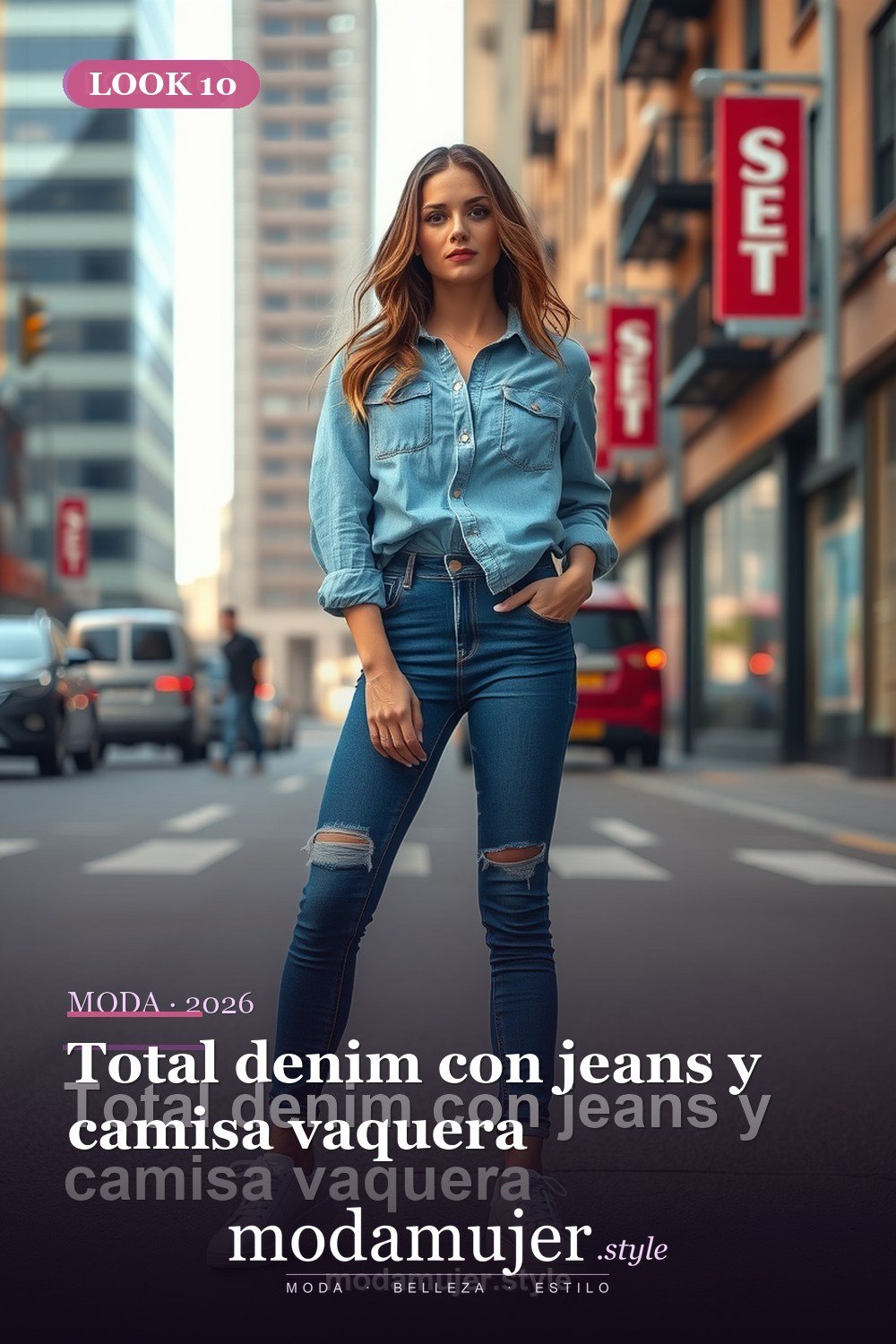 Total denim con jeans y camisa vaquera — 30 outfits casuales para mujer en 2026: ideas comodas y con estilo