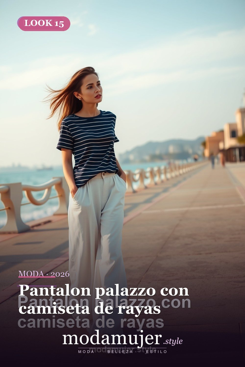 Pantalon palazzo con camiseta de rayas — 30 outfits casuales para mujer en 2026: ideas comodas y con estilo
