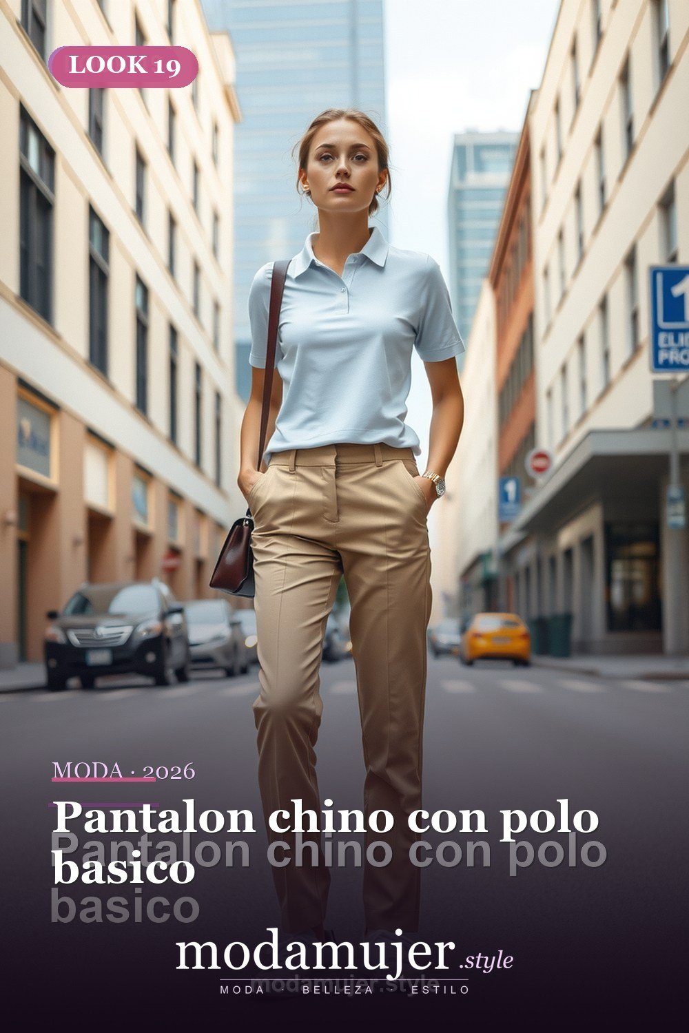 Pantalon chino con polo basico — 30 outfits casuales para mujer en 2026: ideas comodas y con estilo