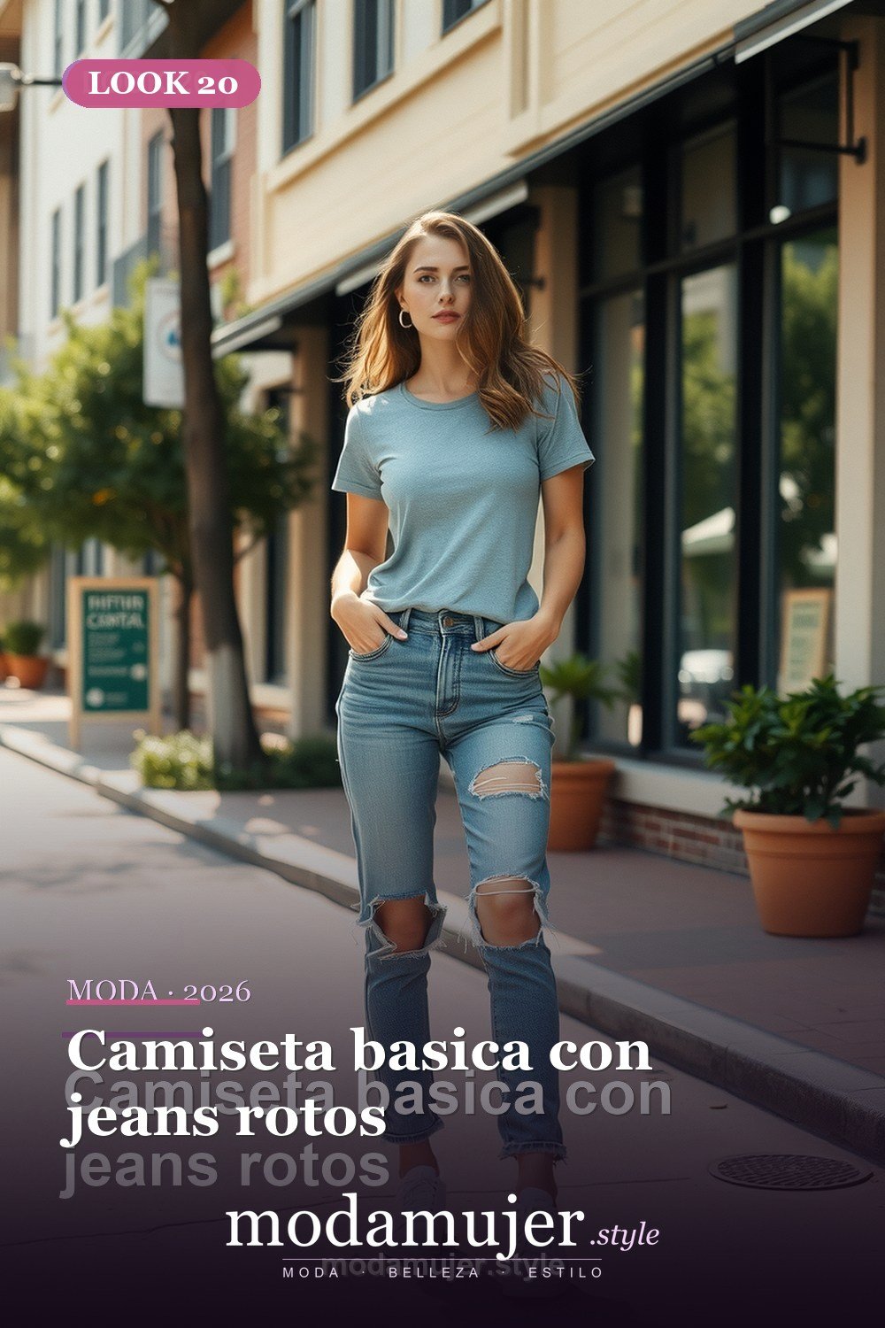 Camiseta basica con jeans rotos — 30 outfits casuales para mujer en 2026: ideas comodas y con estilo