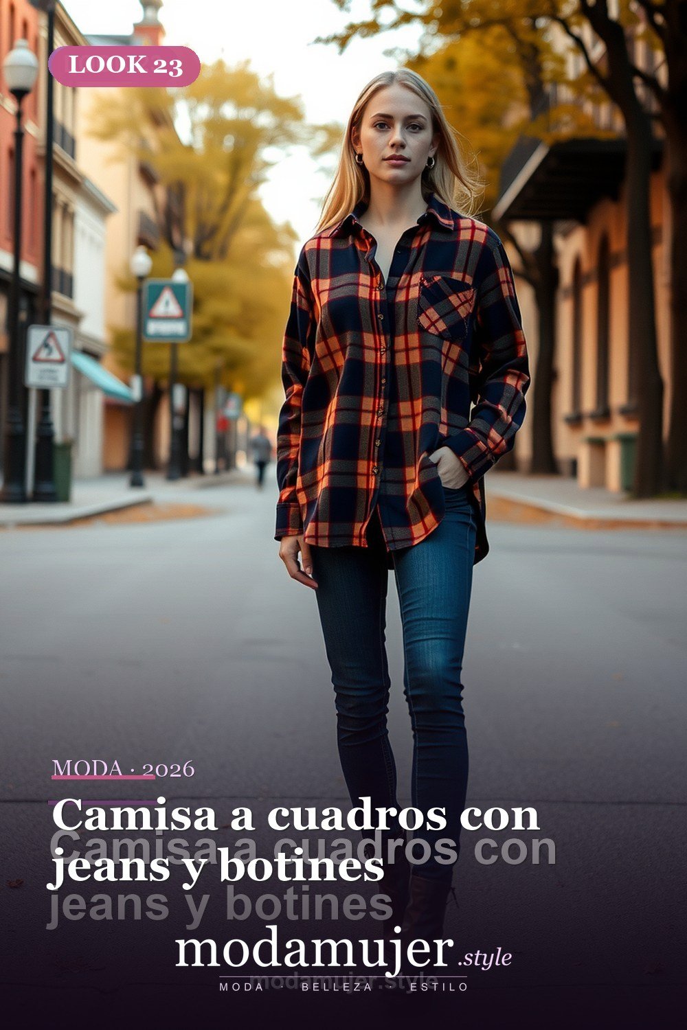 Camisa a cuadros con jeans y botines — 30 outfits casuales para mujer en 2026: ideas comodas y con estilo