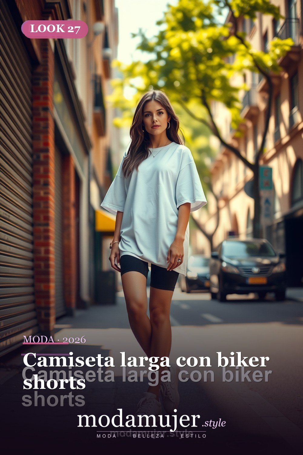 Camiseta larga con biker shorts — 30 outfits casuales para mujer en 2026: ideas comodas y con estilo