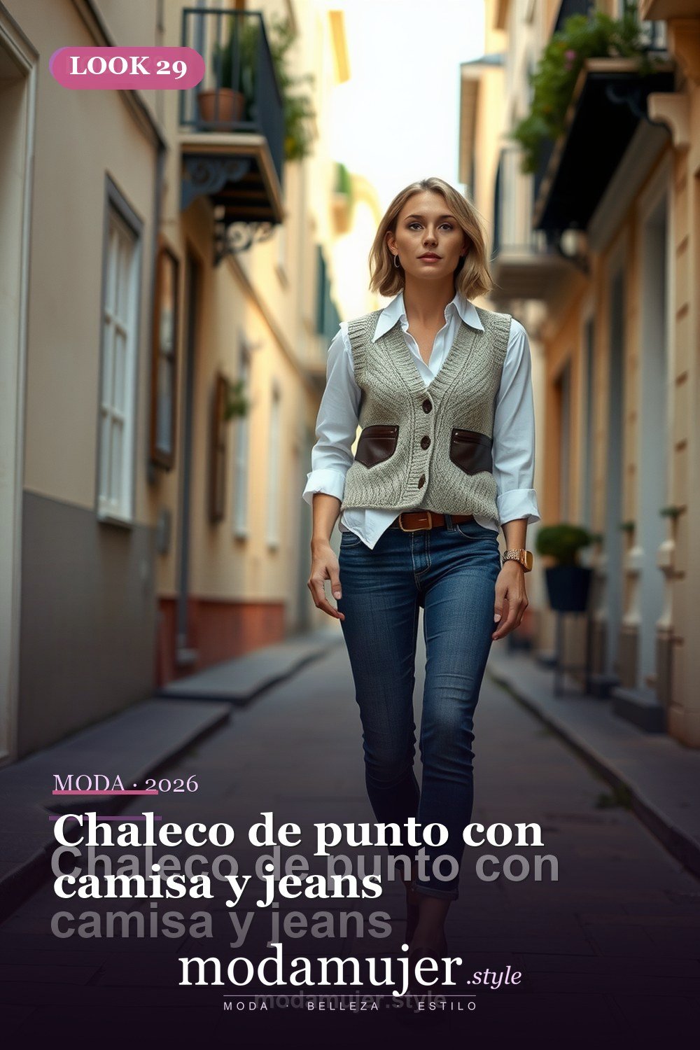 Chaleco de punto con camisa y jeans — 30 outfits casuales para mujer en 2026: ideas comodas y con estilo